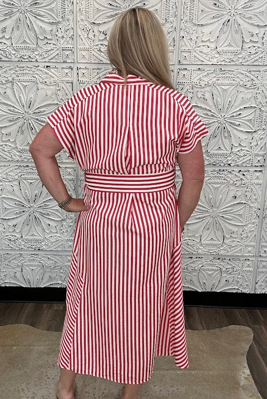 Stripe Waist Tie Collared Midi Dress