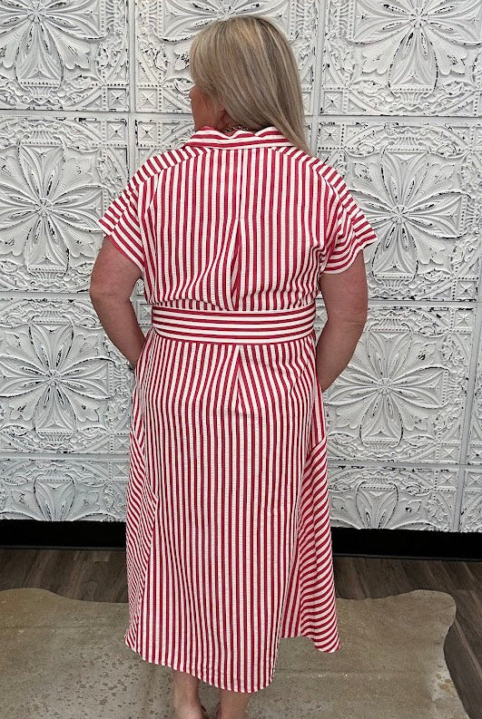 Stripe Waist Tie Collared Midi Dress