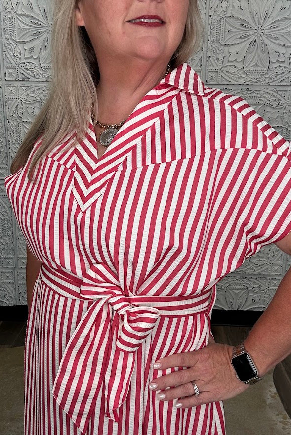 Stripe Waist Tie Collared Midi Dress