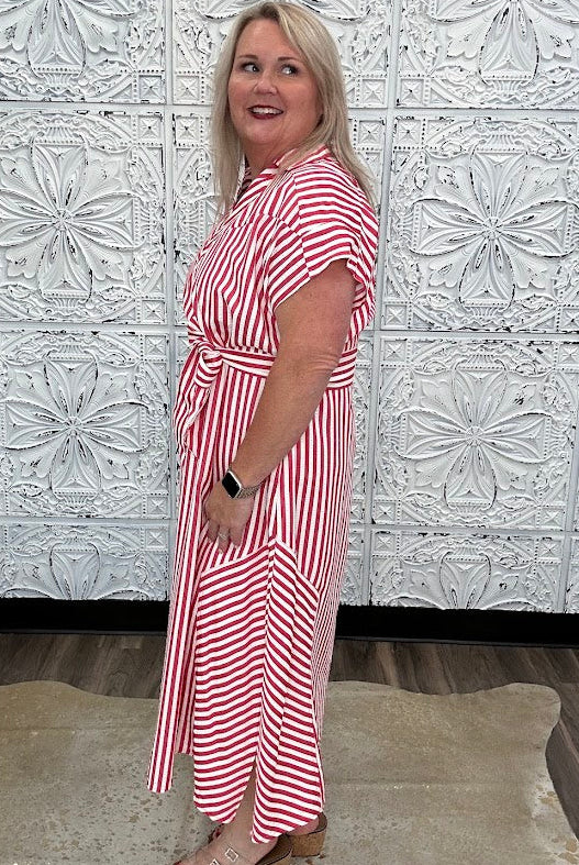 Stripe Waist Tie Collared Midi Dress