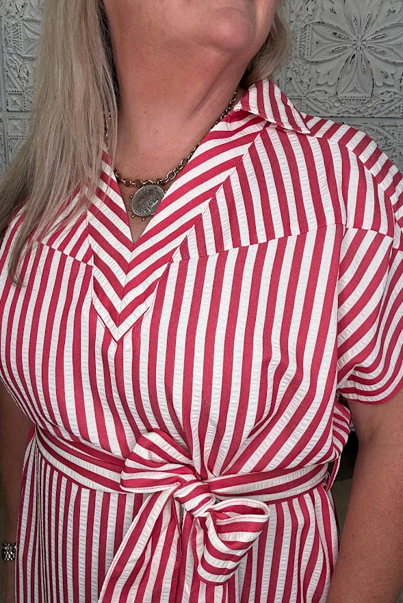 Stripe Waist Tie Collared Midi Dress