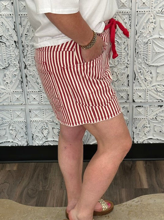 Striped Drawstring Shorts with Braided Belt & Distressed Hem