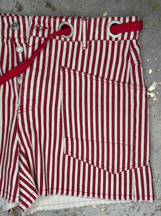 Striped Drawstring Shorts with Braided Belt & Distressed Hem