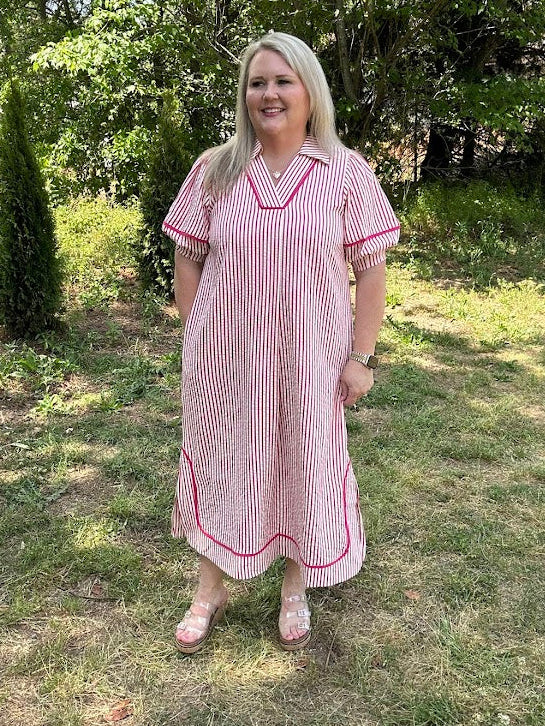 Striped Midi Dress with Puff Sleeves and Contrast Trim
