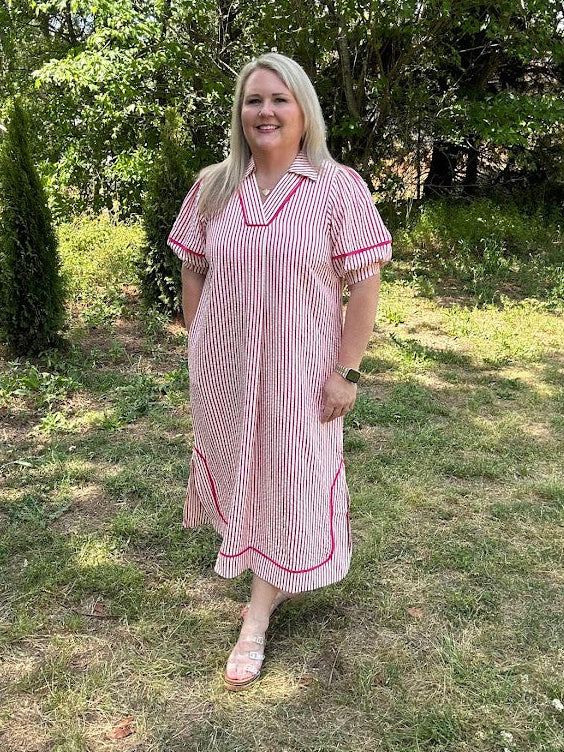 Striped Midi Dress with Puff Sleeves and Contrast Trim