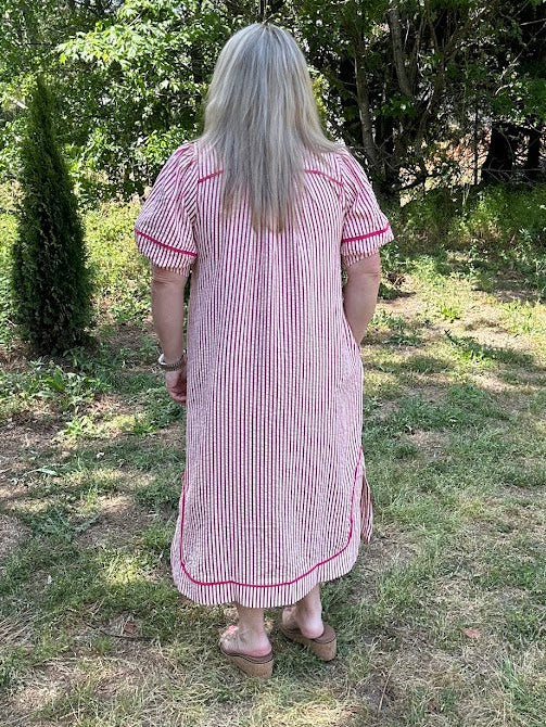 Striped Midi Dress with Puff Sleeves and Contrast Trim