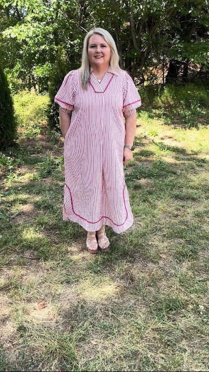 Striped Midi Dress with Puff Sleeves and Contrast Trim