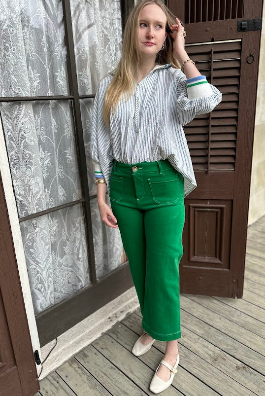 green wide leg jeans, shamrock denim, high rise cropped jeans, boutique statement denim, women’s wide leg jeans, colored denim, spring jeans