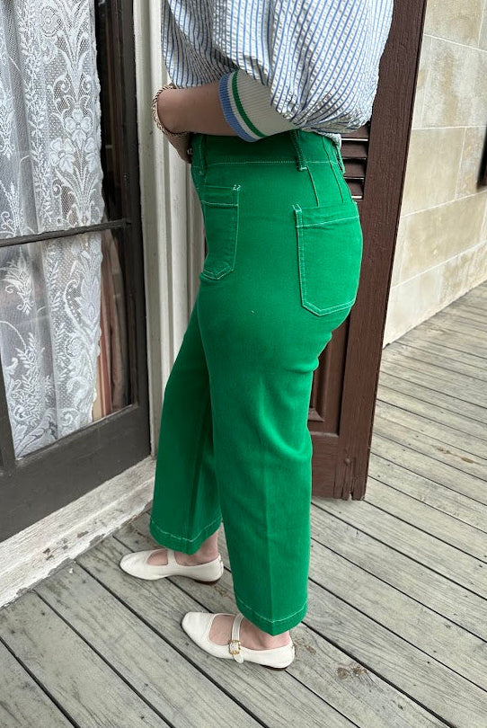 green wide leg jeans, shamrock denim, high rise cropped jeans, boutique statement denim, women’s wide leg jeans, colored denim, spring jeans