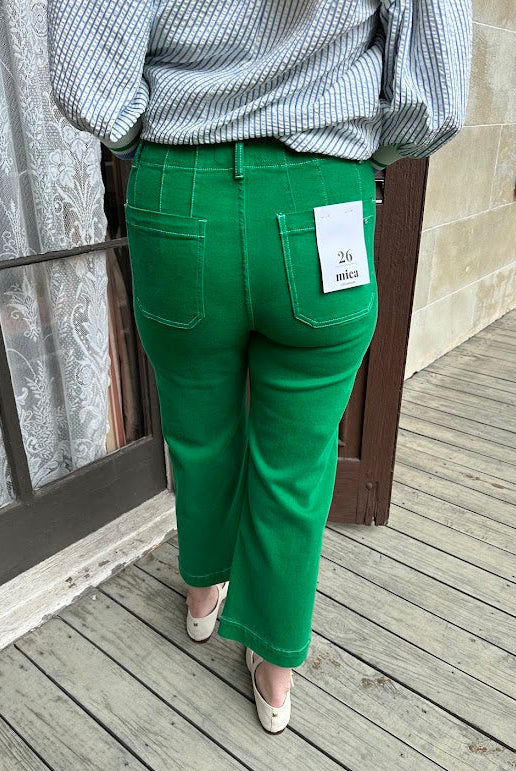 green wide leg jeans, shamrock denim, high rise cropped jeans, boutique statement denim, women’s wide leg jeans, colored denim, spring jeans