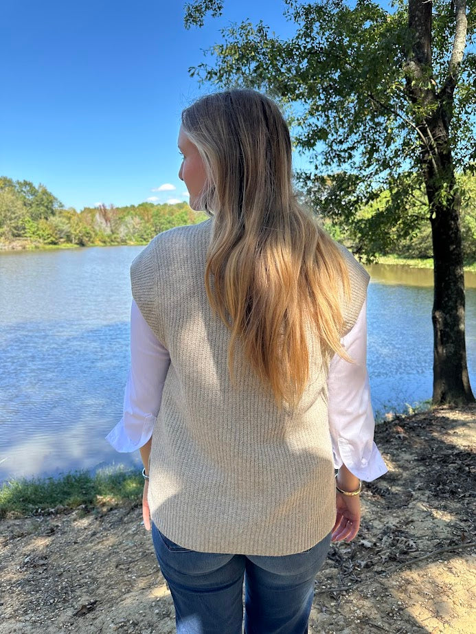 sweater vest, knit vest, v-neck sweater vest, layering piece, boutique knitwear, neutral sweater vest, fall layering top, ribbed vest, sleeveless sweater, casual chic vest