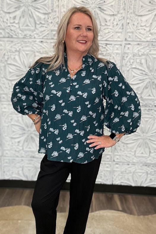 Teal Metallic Floral Ruffle Neck Blouse