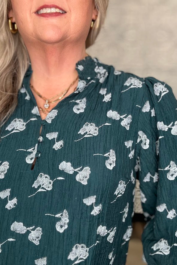 Teal Metallic Floral Ruffle Neck Blouse