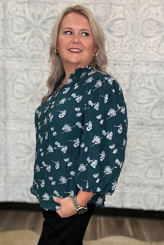 Teal Metallic Floral Ruffle Neck Blouse