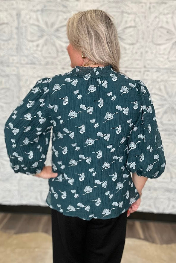 Teal Metallic Floral Ruffle Neck Blouse