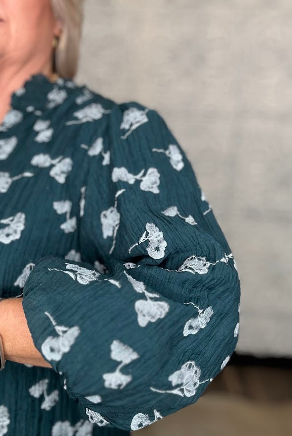 Teal Metallic Floral Ruffle Neck Blouse
