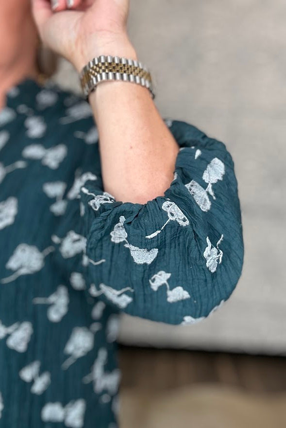 Teal Metallic Floral Ruffle Neck Blouse