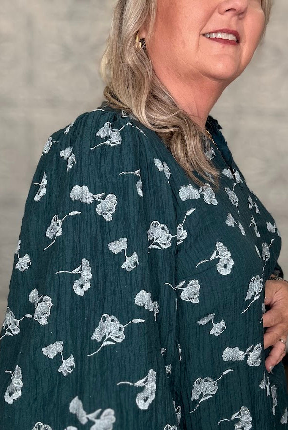 Teal Metallic Floral Ruffle Neck Blouse