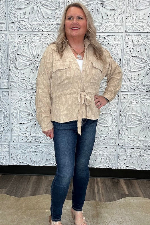 Textured Jacquard Utility Tie-Waist Blouse