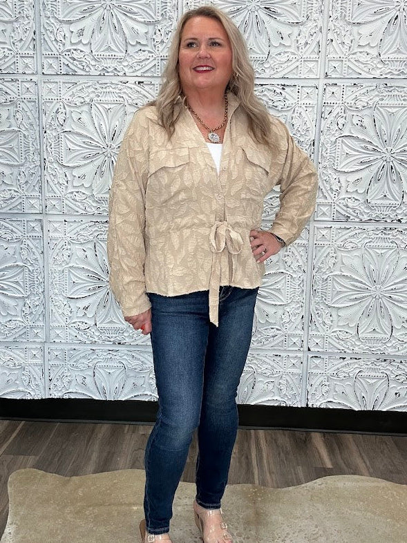 Textured Jacquard Utility Tie-Waist Blouse