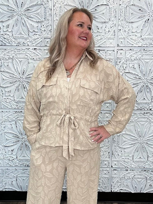 Textured Jacquard Utility Tie-Waist Blouse