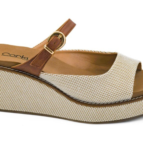 Corkys wedges, platform wedge sandals, leopard wedge sandals, neutral wedge shoes, Corkys Treat Yourself, women’s dressy wedges