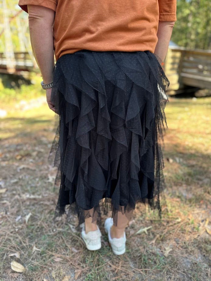 ruffled tulle skirt, black midi skirt, holiday party outfit, flowy skirt, dressy midi skirt, boutique skirts, evening wear, elastic waistband skirt, layered tulle, date night style