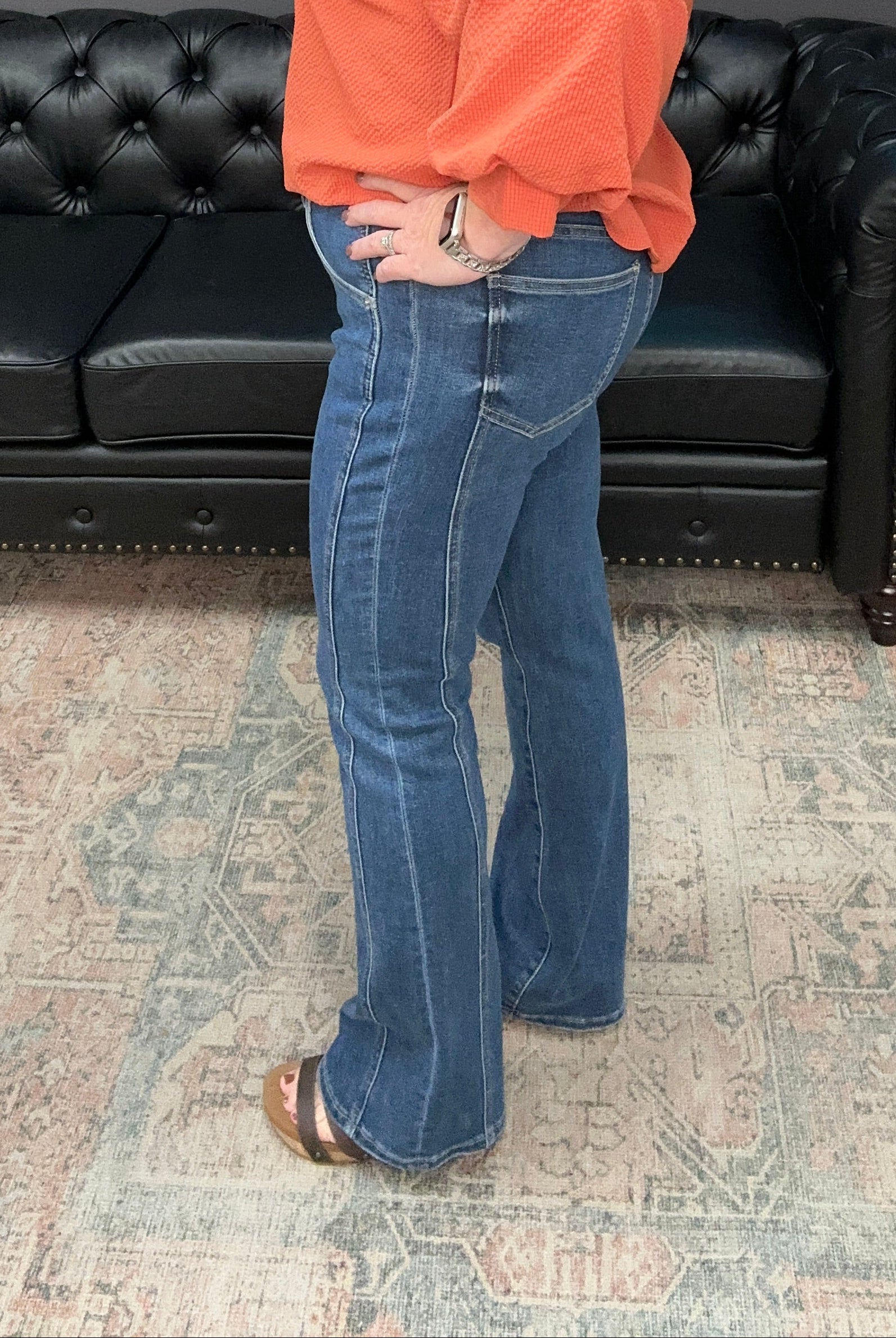 tummy tuck jeans, bootcut jeans, high rise denim, slimming jeans, side panel jeans, stretch bootcut denim, shaping jeans, women’s boutique denim, flattering fit jeans, tummy control bootcut