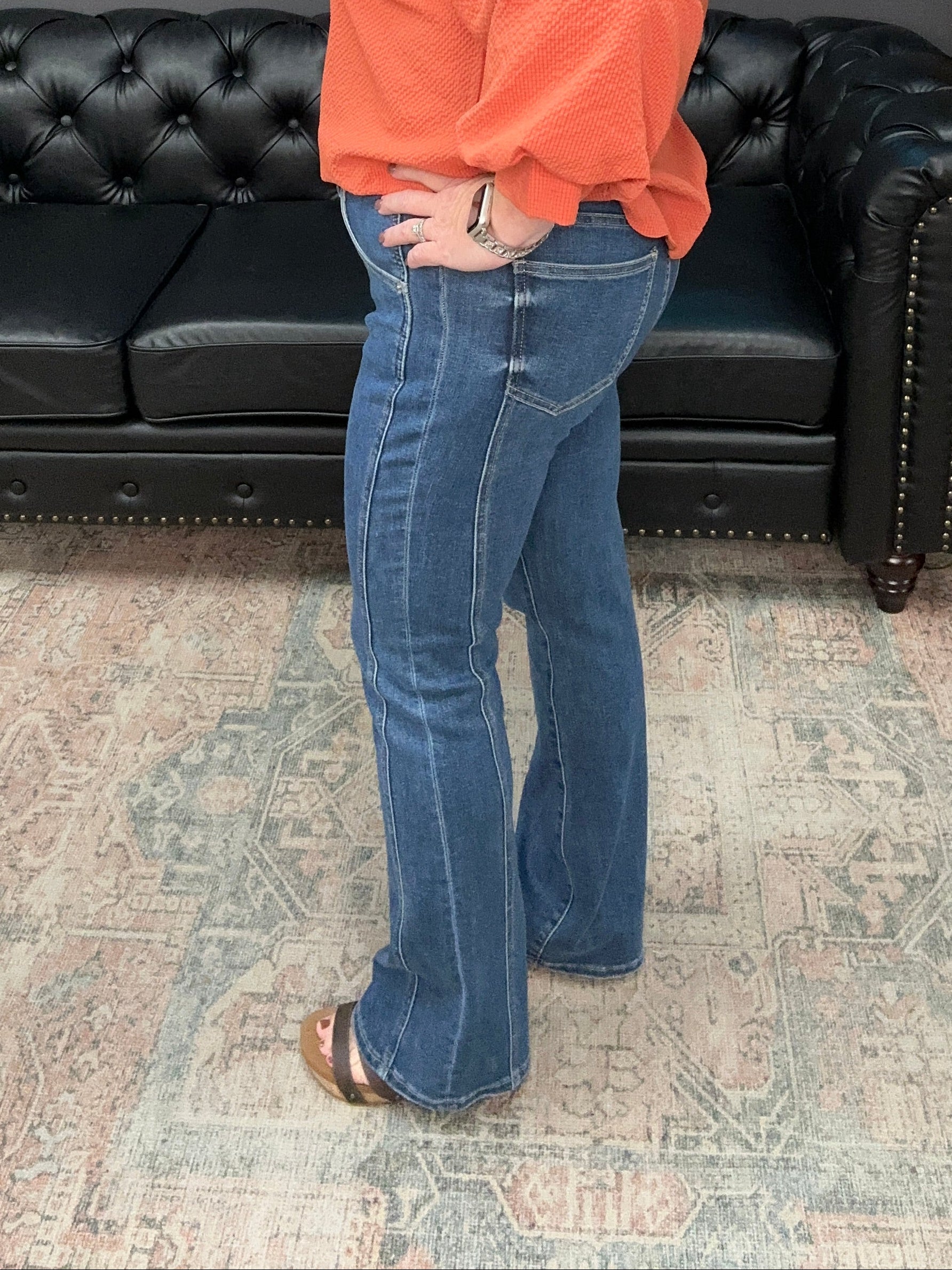 tummy tuck jeans, bootcut jeans, high rise denim, slimming jeans, side panel jeans, stretch bootcut denim, shaping jeans, women’s boutique denim, flattering fit jeans, tummy control bootcut