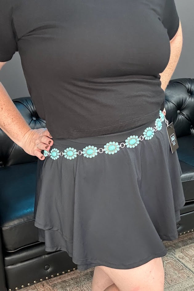 turquoise concho belt, cluster turquoise belt, boho western belt, adjustable chain belt, festival style belt, southwestern turquoise belt