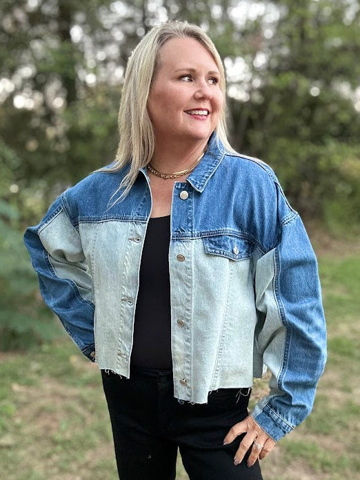 Two-Tone Colorblock Cropped Denim Jacket