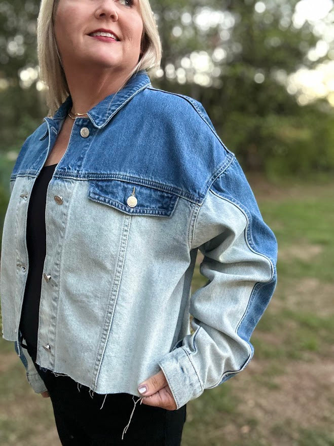 Two-Tone Colorblock Cropped Denim Jacket