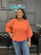 split v-neck blouse, textured top, balloon sleeve blouse, scalloped hem shirt, dressy casual top, boutique blouse, relaxed fit top, women’s fall blouse, elegant everyday top, work to weekend blouse