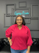 split v-neck blouse, textured top, balloon sleeve blouse, scalloped hem shirt, dressy casual top, boutique blouse, relaxed fit top, women’s fall blouse, elegant everyday top, work to weekend blouse