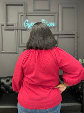 split v-neck blouse, textured top, balloon sleeve blouse, scalloped hem shirt, dressy casual top, boutique blouse, relaxed fit top, women’s fall blouse, elegant everyday top, work to weekend blouse