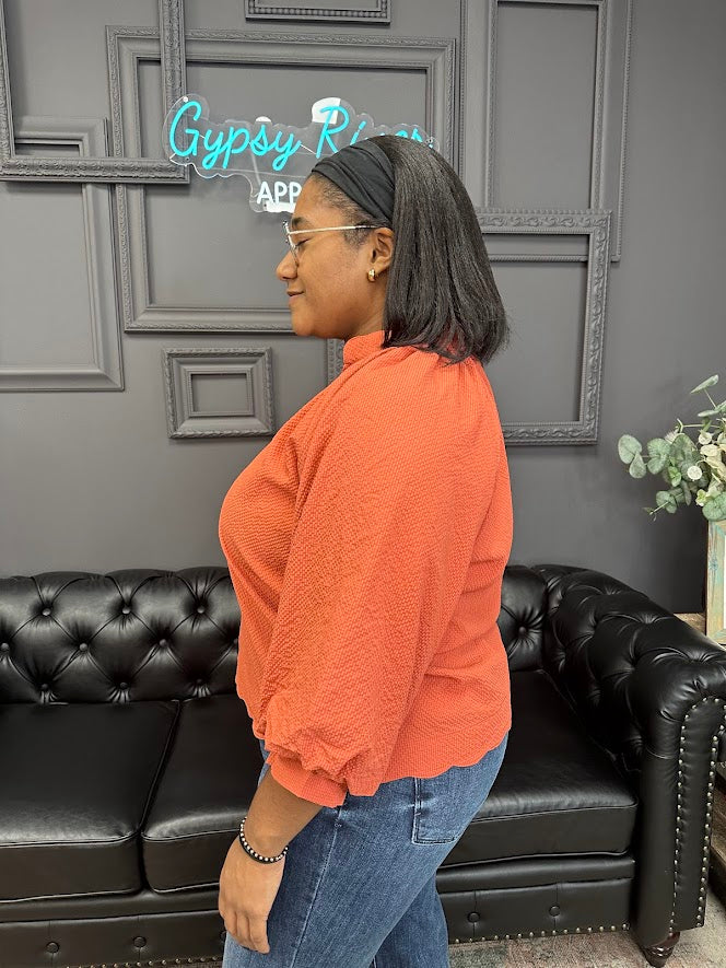 split v-neck blouse, textured top, balloon sleeve blouse, scalloped hem shirt, dressy casual top, boutique blouse, relaxed fit top, women’s fall blouse, elegant everyday top, work to weekend blouse