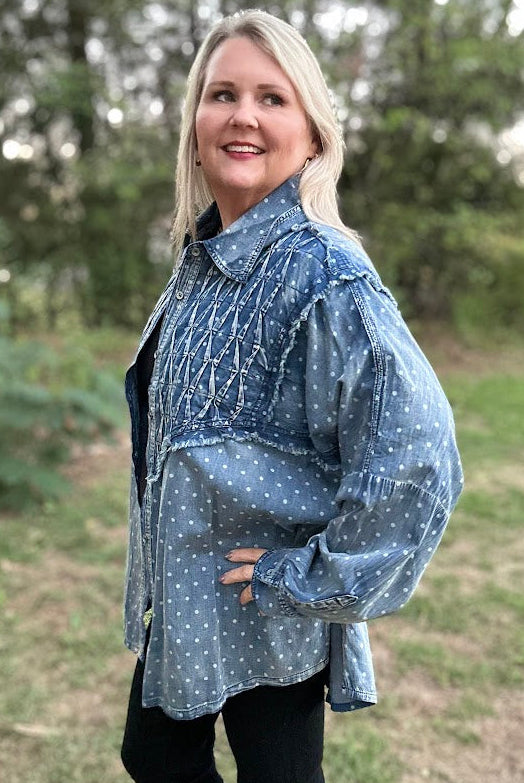 Vintage Polka Dot Denim Shirt with Textured Stitching