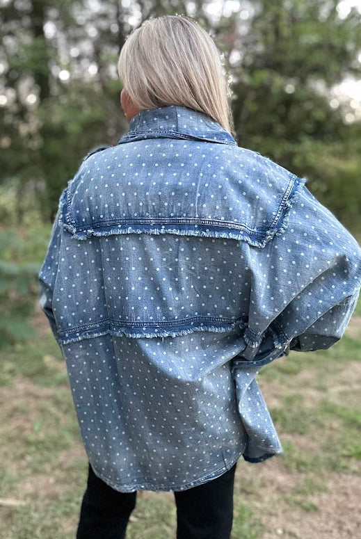 Vintage Polka Dot Denim Shirt with Textured Stitching
