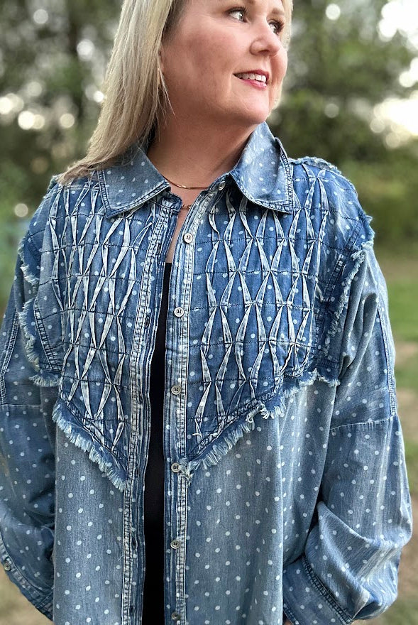 Vintage Polka Dot Denim Shirt with Textured Stitching