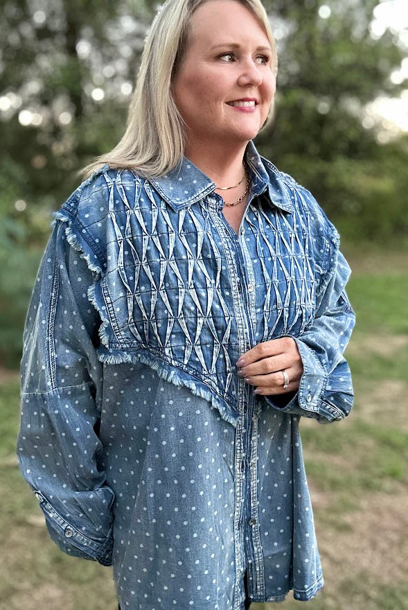 Vintage Polka Dot Denim Shirt with Textured Stitching