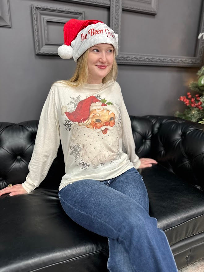 vintage santa shirt, rhinestone christmas top, holiday long sleeve tee, festive graphic shirt, retro santa claus shirt, christmas rhinestone tee, santa boyfriend tee, women’s holiday shirt
