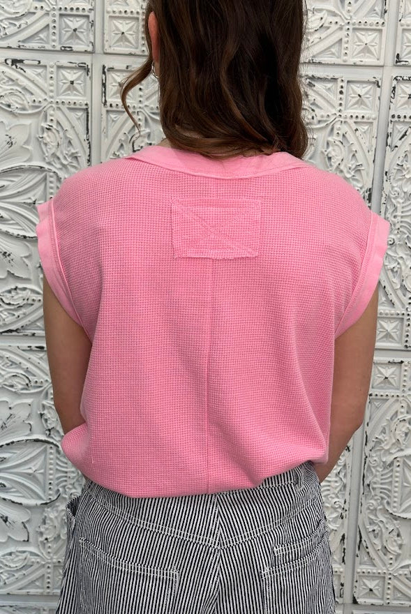 white waffle knit top, pink waffle knit top, colorblock cap sleeve shirt, textured cotton blend top, boutique casual top, lightweight summer top