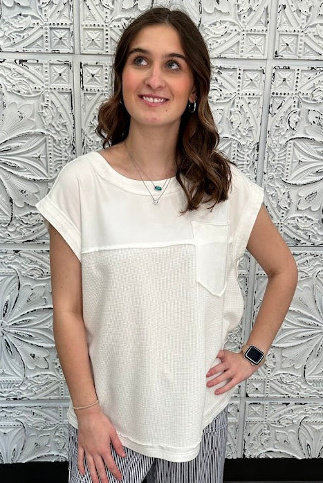 white waffle knit top, pink waffle knit top, colorblock cap sleeve shirt, textured cotton blend top, boutique casual top, lightweight summer top
