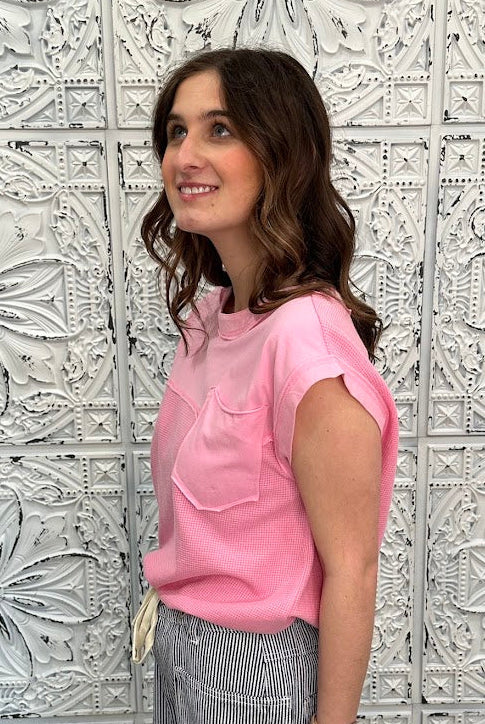 white waffle knit top, pink waffle knit top, colorblock cap sleeve shirt, textured cotton blend top, boutique casual top, lightweight summer top