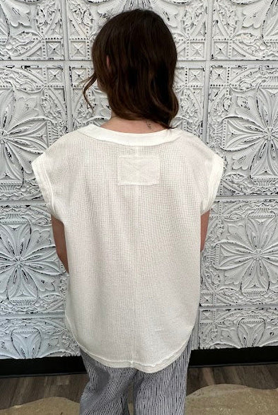 white waffle knit top, pink waffle knit top, colorblock cap sleeve shirt, textured cotton blend top, boutique casual top, lightweight summer top