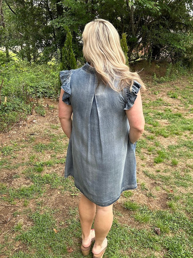 Washed Chambray Ruffle Sleeve Button Down Mini Dress