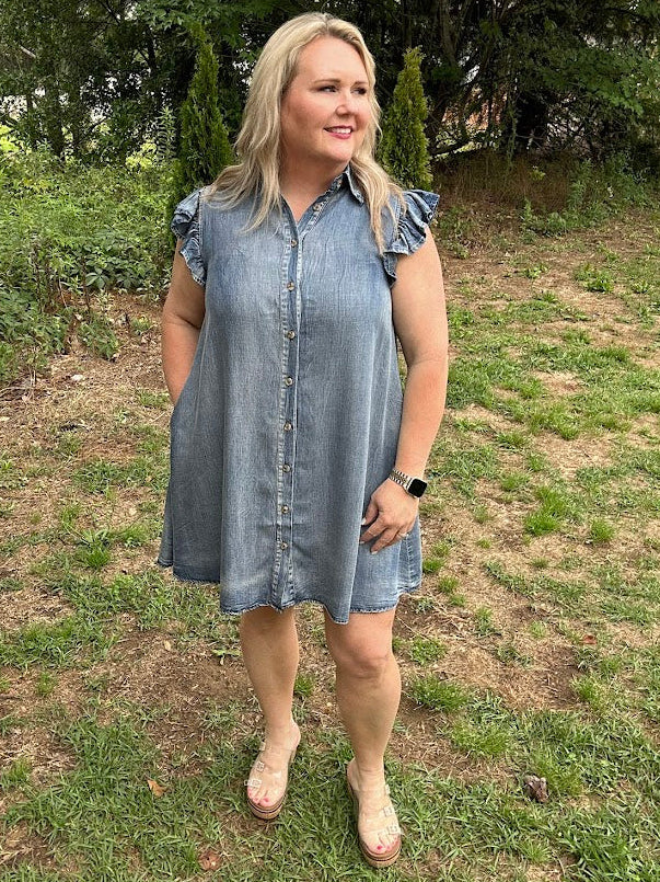 Washed Chambray Ruffle Sleeve Button Down Mini Dress