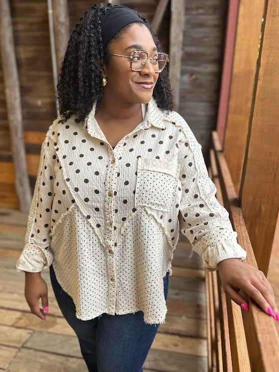 Washed Cotton Gauze Mixed Polka Dot Shirt