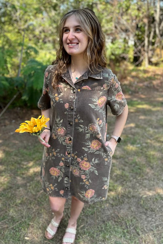 Washed Floral Denim Button-Down Dress
