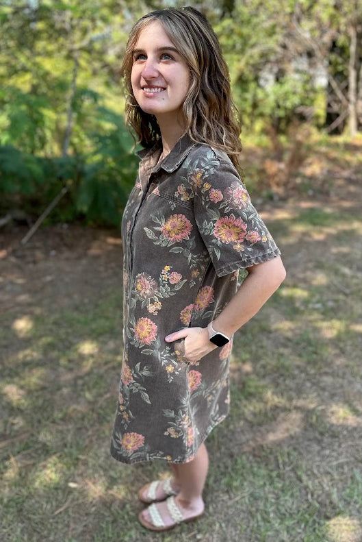Washed Floral Denim Button-Down Dress